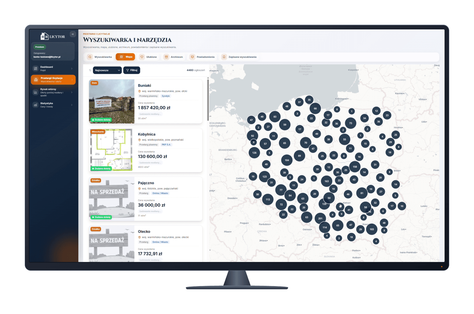 Panel Licytor — mapa i monitoring ogłoszeń na ekranie